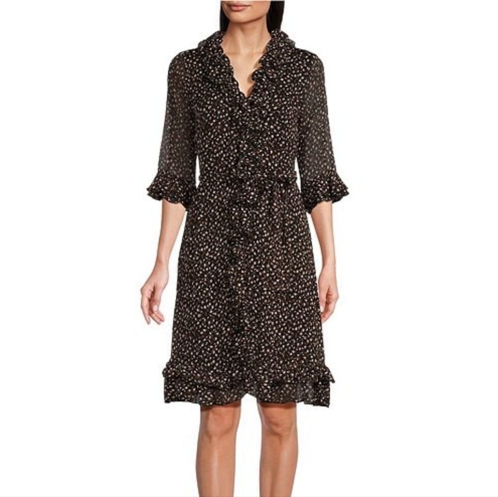 Tommy Hilfiger Ruffled V-Neck Leaf Print Chiffon Dress